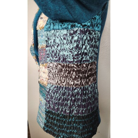 Lulu H Medium Wool Blend Blazer Jacket Teal Blue Patchwork Boho Lagenlook Ruched - Picture 3 of 8